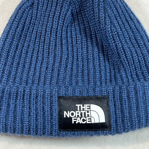The North Face Blue Winter Beanie Winter Hat Ribbed Cotton Wool Front Logo - Picture 4 of 7